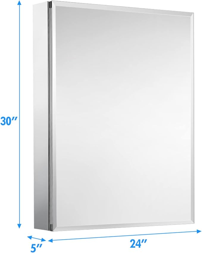 Movo 30 Inch x 24 Inch Bathroom Medicine Cabinet with Mirror, Aluminum Mirror Cabinet with Single Door, Surface Wall Mount or Recess Installation