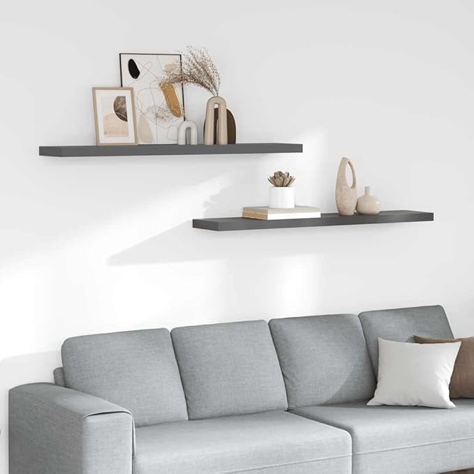 Set of 2 Floating Wall Shelves, 47.2 Inch Modern Wall Mounted Shelving Units, High Gloss Grey MDF Display Ledges for Living Room Bedroom Office