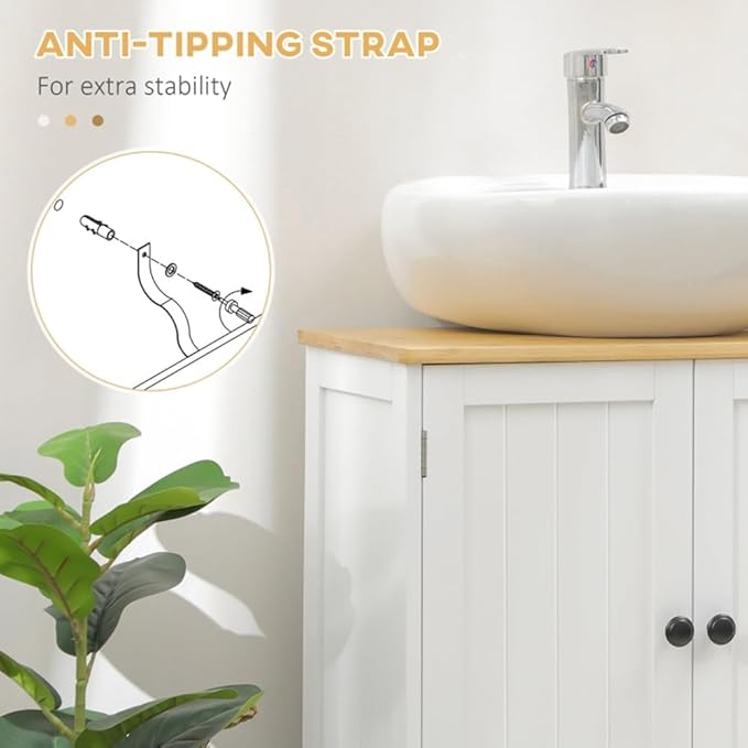 Pedestal Sink Storage Cabinet with Double Doors, Under Sink Cabinet with Shelf, Space-Saving Bathroom Vanity Wall-Mountable U Cut-Out Easy Assembly Crystal White & Walnut