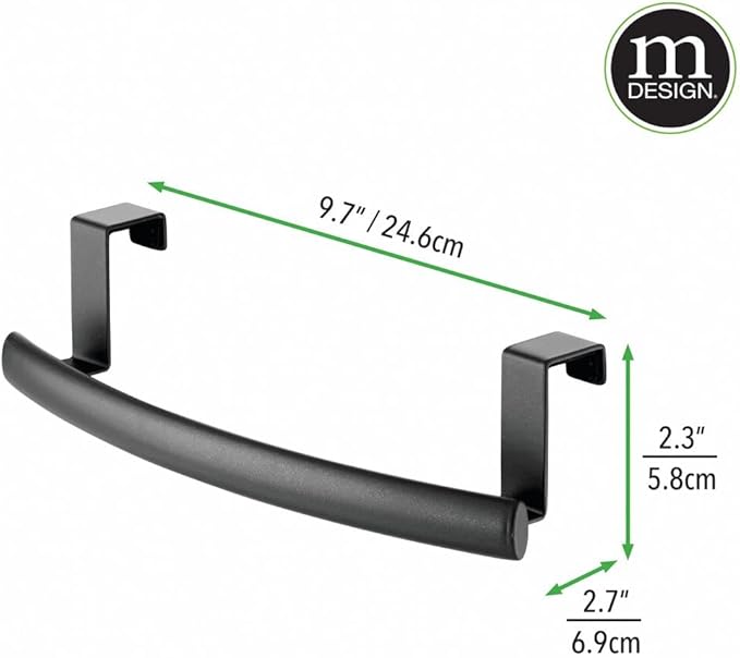 mDesign Steel Over Door Curved Towel Bar Storage, Hanger for Cabinet or Cupboard, Holder Rack for Kitchen, Bathroom - Holds Hand/Dish Towels, Washcloths - Spira Collection - Black