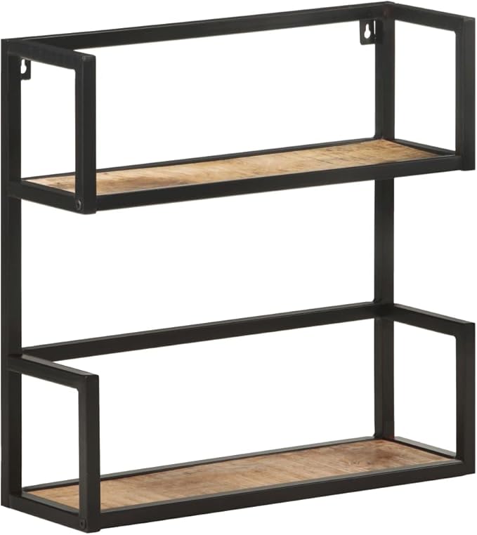 Rustic Wall Shelf with Black Metal Frame 23.6 Inch Floating Shelves for Living Room Bedroom Storage Organizer, Natural Mango Wood Bookshelf with Unique Wood Grain