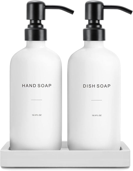 Prus Waso Kitchen Soap Dispenser Set, White Soap Dispenser with Black Stainless Steel Pump, Perfect for Modern Kitchen Decor. (White)
