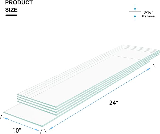 5 pcs 10" x 24" Tempered Rectangle Glass Floating Shelve for Wall-3/16 Thick -Pencil Polished Float（Without Stent ）