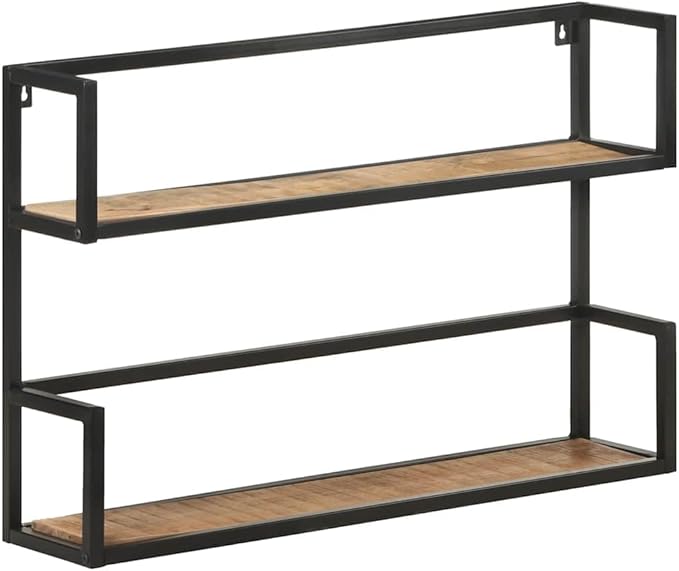 Industrial Wall Shelf, 2-Tier Floating Shelves with Powder-Coated Iron Frame, Rustic Rough Mango Wood Storage Rack for Living Room, Bedroom, Bathroom, 31.5 x 7.9 x 23.6 Inches