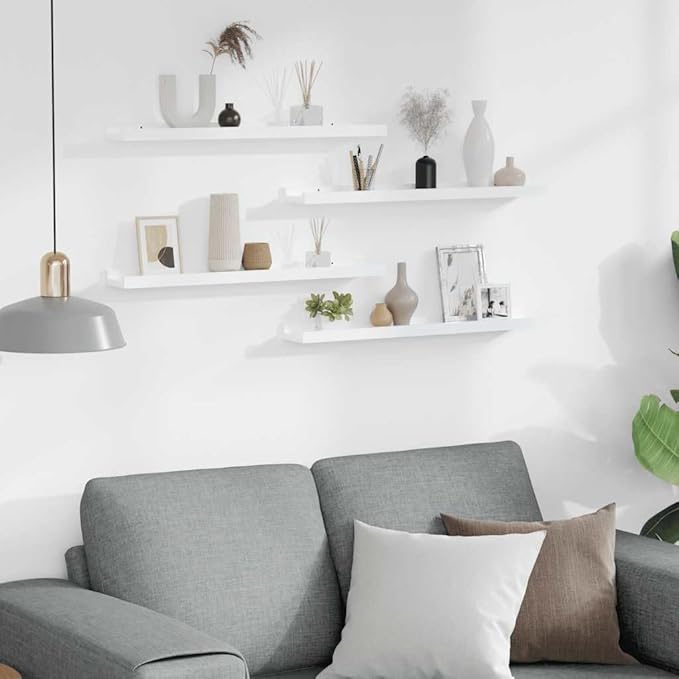 Set of 4 Floating Shelves for Wall Decor, 23.6 inch Modern White MDF Wall Mounted Shelving Units for Bedroom, Living Room, Kitchen Display and Storage