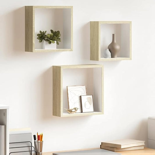 Wall Cube Shelf Set of 3, Floating Shelves for Bedroom Living Room, Decorative Display Shelves in White and Sonoma Oak Finish, Modern Space-Saving Storage Organizer