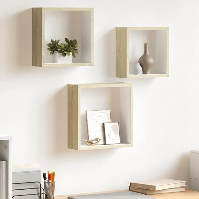 Wall Cube Shelf Set of 3, Floating Shelves for Bedroom Living Room, Modern Decorative MDF Shelves in White and Sonoma Oak, Space-Saving Wall Mounted Display Storage