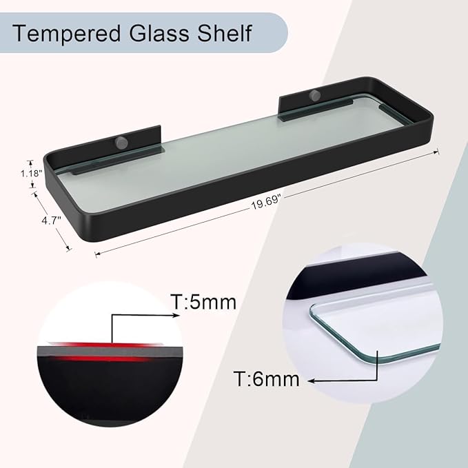 Z metnal Small Glass Bathroom Shelves, Matte Black Floating Shelf, Mini Wall Shelf for Bathroom Organizer, Wall Mounted (Clear Glass, 20 inch/50cm),1 pcs
