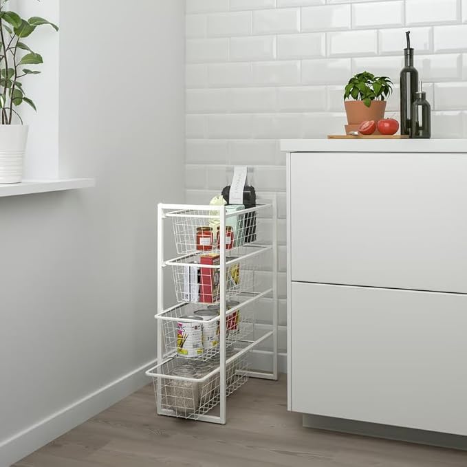 4-Tier Storage White – 9 7/8" x20 1/8" x27 1/2" – Narrow Wire Basket Organizer – Compact Steel Shelf Unit – Powder Coated Rack – Bathroom Laundry Closet Storage – Space Saving Metal Organizer