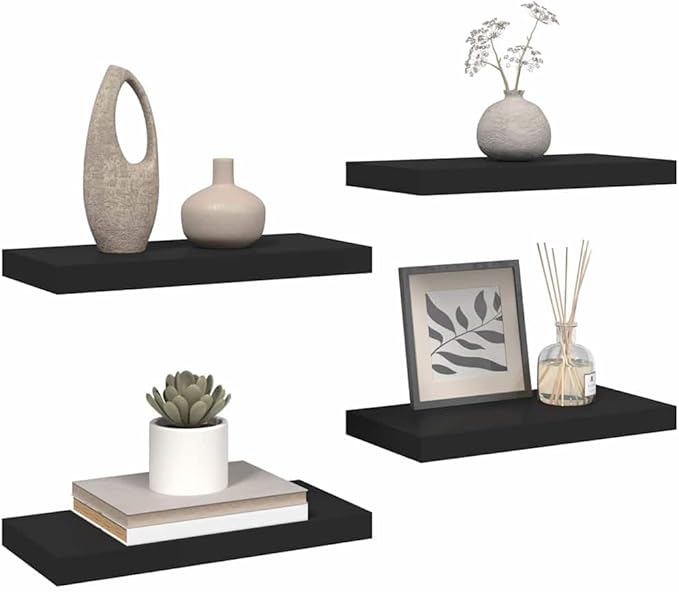 Wall Shelf Set of 4, Floating Shelves for Wall Decor, Modern Matte Black Rectangular Display Shelves for Bedroom, Living Room, and Office Storage