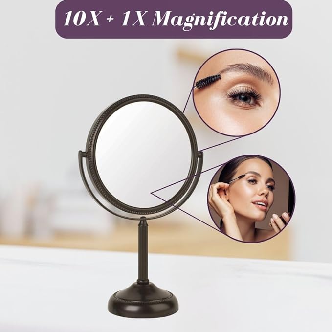 JERDON Two-Sided Tabletop Makeup Vanity Mirror - 10X-1X Magnification & Swivel Design - 6-Inch Diameter Portable Mirror - Bronze Finish - Model JP910BZP