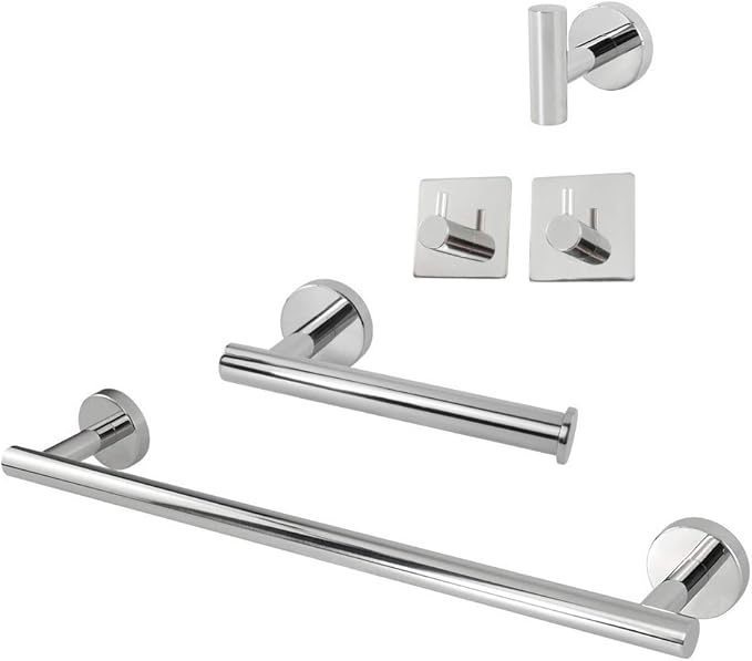 TocTen 5 PCS Bathroom Hardware Set SUS304 Stainless Steel-Towel Rack Set Include Lengthen Hand Towel Bar+Toilet Paper Holder+3 Robe Towel Hooks Bathroom Accessories Towel Bar Set(Polished Chrome,16IN)