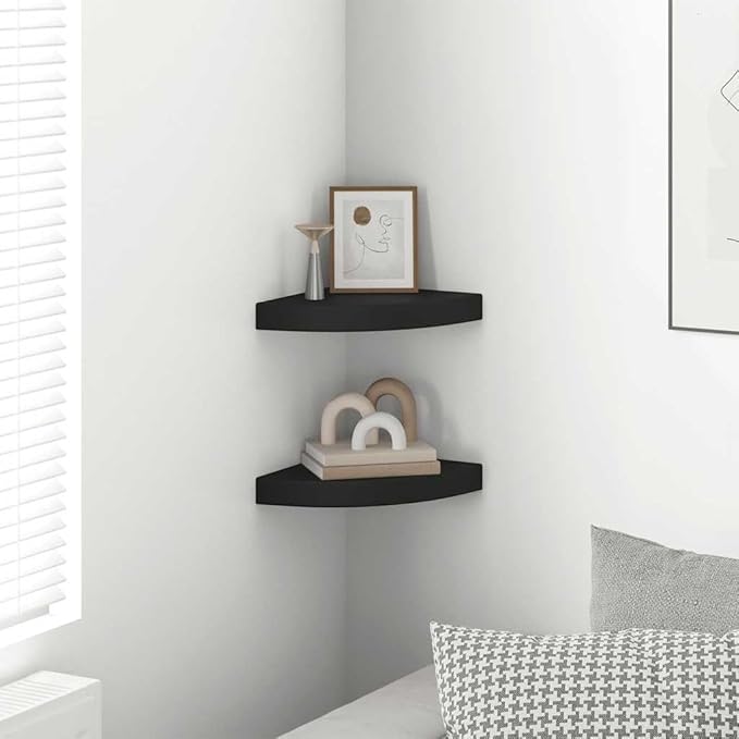Floating Corner Shelves 2 Pack Black Wall Mounted Display Set for Living Room Bathroom, 9.8x9.8x1.5 Inch Modern Honeycomb MDF Storage with Invisible Mounting, Holds 11 lbs Each