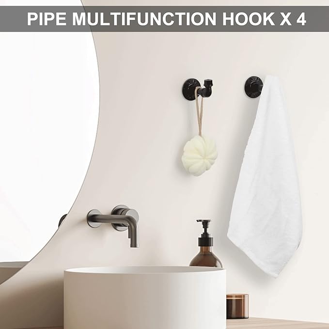 Industrial Bathroom Hardware Set 10 Pieces Bath Towel Bar Set Includes Round Towel Ring Hand Toilet Roll Holders for Wall 18 and 25 inch Towel Rack Robe Towel Hooks Black Bathroom Accessory Towel Kit