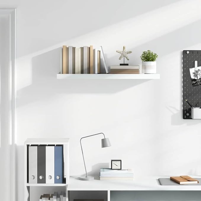 Floating Wall Shelf, Modern High Gloss White MDF Display Ledge, 35.4-inch Rectangular Storage Shelving for Living Room, Bedroom, and Office Decor