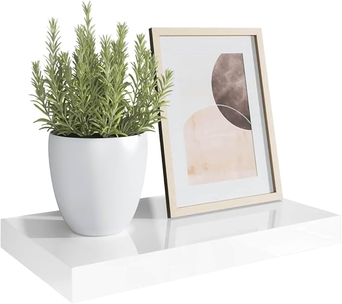 Floating Wall Shelf, High Gloss White Rectangular Shelving Unit, Modern MDF Decorative Display Shelf for Living Room, Bedroom or Office, 15.7 x 9.1 Inch