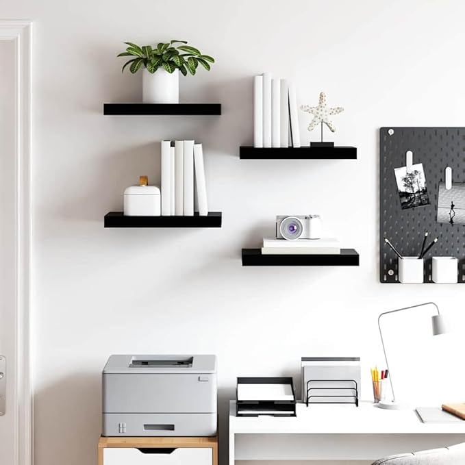 Floating Wall Shelves Set of 4, Modern High Gloss Black Display Shelves with Invisible Mounting, 15.7x9.1 Inches, for Living Room, Bathroom, Office Decor, Books, Plants, and Collectibles