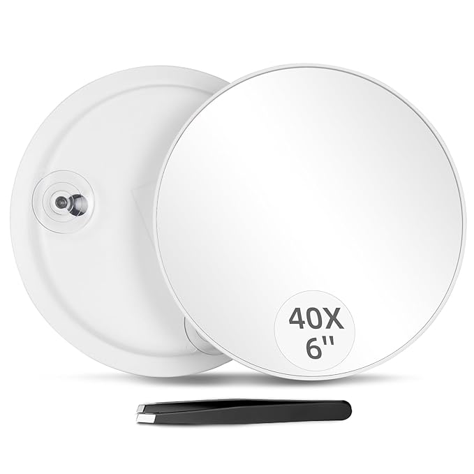 40X Magnifying Mirror with 3 Suction Cups, Magnified Makeup Mirror and Tweezers Set, Portable 6inch Travel Makeup Mirror with 40X Powerful+ Magnification for Makeup, Shaving, Blackhead Blemish Removal
