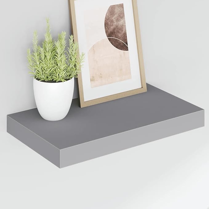 Floating Wall Shelves Set of 2, Modern Gray Display Shelves with Invisible Mounting for Living Room & Office, 15.7x9.1 Inches, Durable MDF and Metal, Easy Install Rack for Books, Decor, Awards