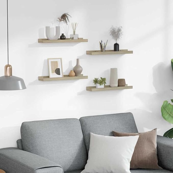 Set of 4 Floating Wall Shelves, 15.7 inch Sonoma Oak MDF Display Shelves for Living Room Bedroom, Modern Minimalist Storage Ledge for Books Plants Decorations