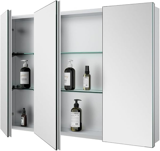 Quavikey Medicine Cabinet with Mirror, Aluminum 3 Doors Recessed or Surface Mount Large Bathroom Mirrored Cabinets 36x26 Inch, Silver