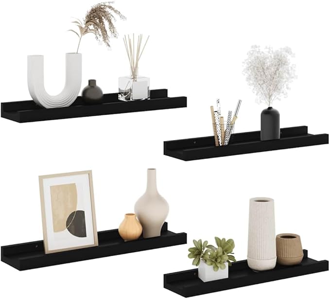 Floating Wall Shelves Set of 4, 15.7 inch Modern Matte Black MDF Wall Mounted Display Shelf for Bedroom, Living Room, Kitchen and Home Decor Storage