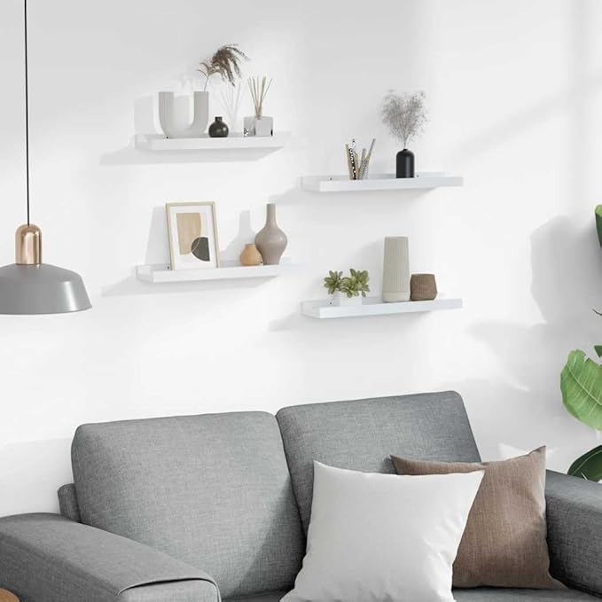 Set of 4 Wall Shelves, Floating Decorative Storage Ledges for Bedroom Living Room, Modern Minimalist White MDF Display Shelves, 15.7 Inch Wall Mounted Organizer
