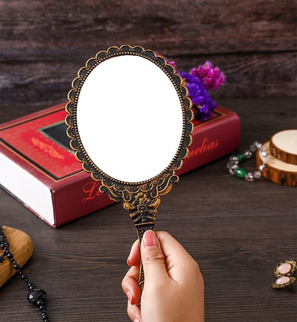 AKOAK Vintage Handheld Makeup Mirror, Exquisite Embossed Decorative Handle Makeup Mirror Portable Travel Mirror for Girls and Ladies (Oval, Bronze)