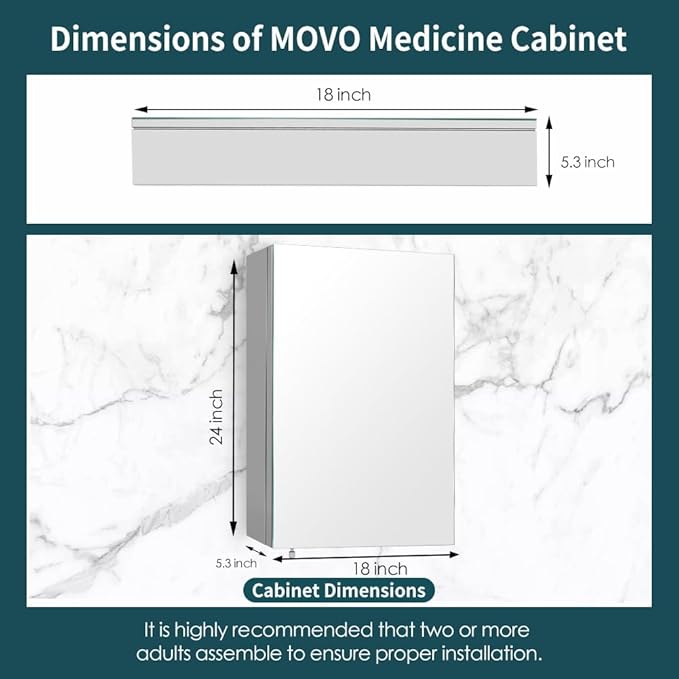 Movo Medicine Cabinet Mirror,18 inch x 24 inch Frameless Mirror Medicine Cabinets for Bathroom,Surface Mount Bathroom Medicine Cabinet with Mirror