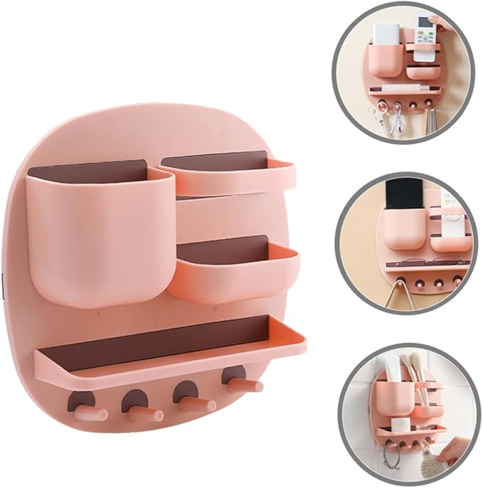 VICASKY Wall Mount Bathroom Shelf Organizer with 3 Compartments and 4 Hooks, Floating Pink Wall Holder Storage Rack for Toiletries and Bathroom Accessories
