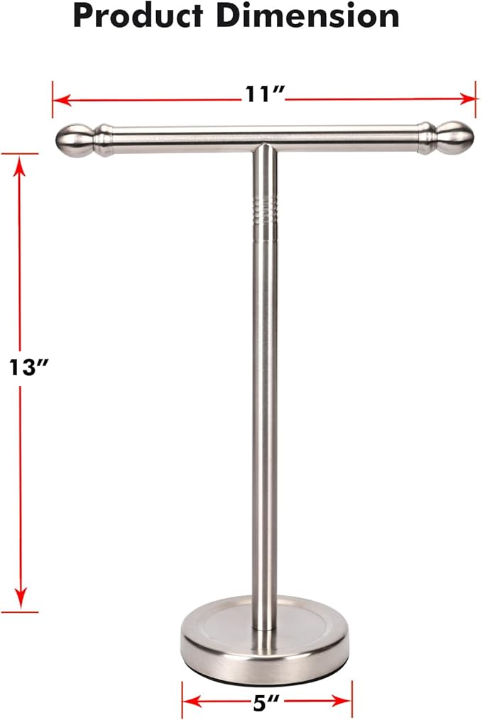 Hand Towel Holder, T-Shape Hand Towel Stand for Bathroom, Stand Hand Towel Rack Free-Standing Towel Bar for Bathroom Kitchen Countertop, Stainless Steel (Brushed Nickel)
