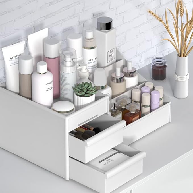 Makeup Organizer Countertop - Bathroom Countertop Organizer for Makeup, Skin Care, Jewelry, Brushes, Lipsticks, etc - Plastic Drawer Storage Container that works as Vanity Organizer (White)
