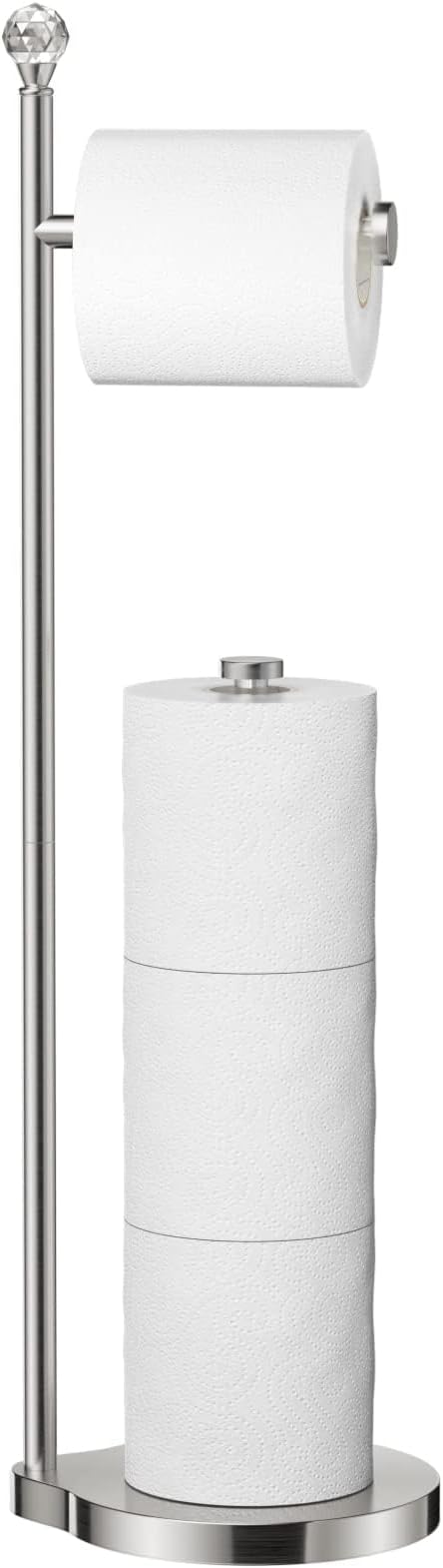 KASUNTO Toilet Paper Holder for Bathroom, Heavy Weighted Metal Free Standing Toilet Paper Storage with Crystal Ball, Toilet Paper Stand for Bathroom Accessories, Brushed Nickel [Holds MEGA Rolls]