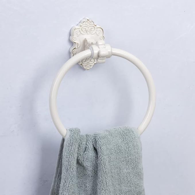 SDH Bathroom Towel Ring - Vintage Style Cream Towel Hanger - Wall Mount Kitchen & Bathroom Hand Towel Holder - Pack of 1 Heavy Duty Decorative Aluminum Hanging Ring for Bathroom