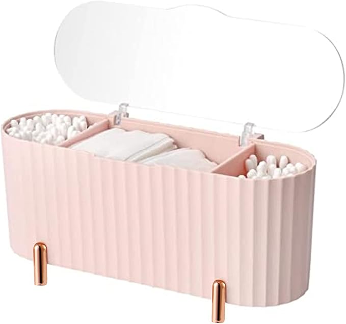 Makeup Organiser 3 Compartments Cotton Pad Holder Cotton Swab Dispenser Makeup Container for Dresser Bedroom Bathroom Cosmetic Bags, Pink
