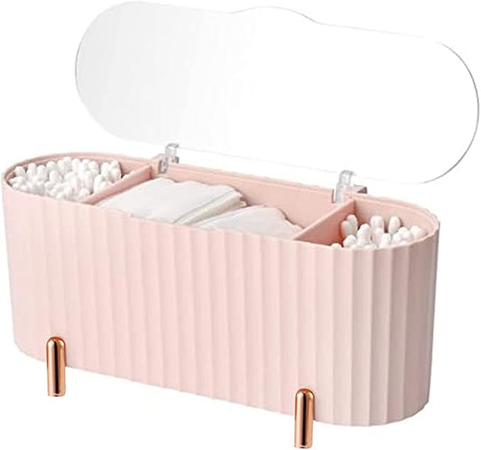 Makeup Organiser 3 Compartments Cotton Pad Holder Cotton Swab Dispenser Makeup Container for Dresser Bedroom Bathroom Cosmetic Bags, Pink
