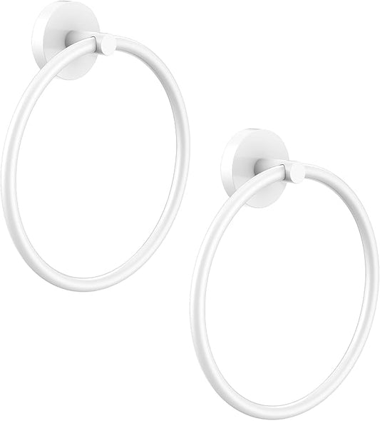 Hand Towel Holder Screw-in Stainless Steel Towel Ring for Bathroom Wall White Towel Hanger Round Towel Racks for Bathroom Decor and Accessories, 2 Packs