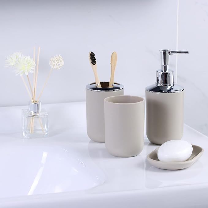 IMAVO Bathroom Accessories Set,Apricot Bathroom Set,7 Pieces Bathroom Accessory Set,Tray,Toilet Brush,Trash Can for Bathroom Décor and Housewarming Gifts