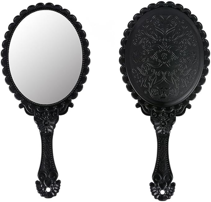 AKOAK Vintage Handheld Makeup Mirror, Exquisite Embossed Decorative Handle Makeup Mirror Portable Travel Mirror for Girls and Ladies (Oval, Black)