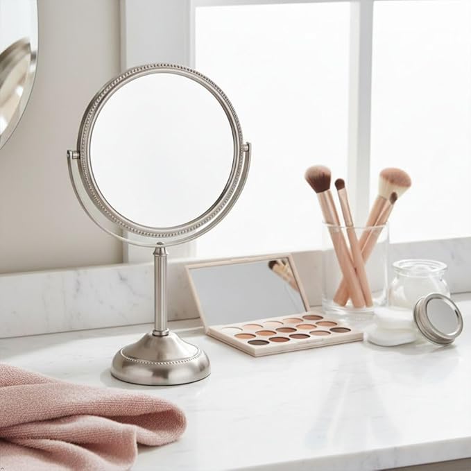 JERDON Two-Sided Tabletop Makeup Mirror - Makeup Mirror with 10X Magnification & Swivel Design - Portable 6-Inch Diameter Mirror in Nickel Finish - Model JP910NB