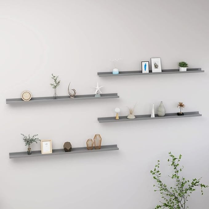 Wall Shelves 4 Pack Gray MDF Floating 45.3x3.5x1.2 Inches for Living Room Bedroom Storage, Decorative Display for Books Plants Decor, Easy Installation Heavy Duty Wall Mounted Shelves