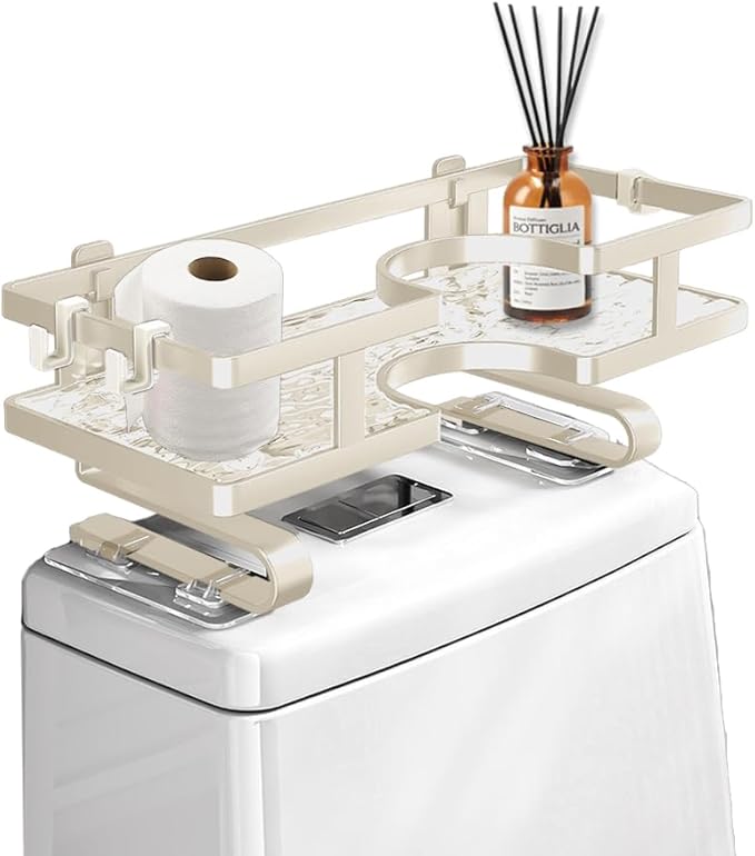 Over Toilet Storage Shelf No-Drill Floating Shelf with 3 Hooks, Easy Install Space-Saving Bathroom Organizer, Fits Most Toilets (No Block Flush Button), for Towels, Toilet Paper, Decor (White)