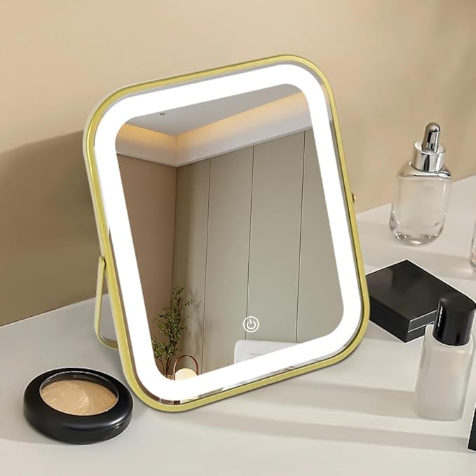 YEKKOPT Gold Vanity Mirror with Lights,10"x8" Rechargeable LED Lighted Makeup Mirror, Large Makeup Mirror with Lights, Touch Screen with 3-Color Lighting, Dimmable, for Vanity Desk Tabletop, Bedroom
