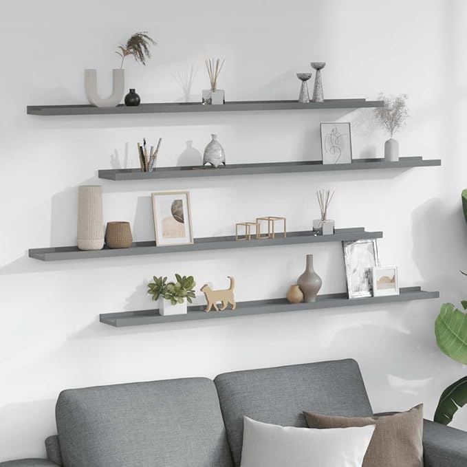 Set of 4 Floating Wall Shelves, 45.3 Inch Modern Grey MDF Storage Display Ledges for Living Room, Bedroom, and Home Office Organization