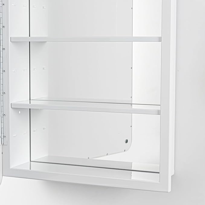 White Bathroom Medicine Cabinet with Mirror 17 x 27 Metal Frame Recessed Or Wall Mounted Single Door Storage Medicine Cabinets with Adjustable Shelves Rounded Corner Beveled Mirrors