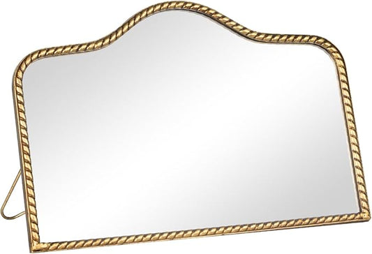 Vintage Desk Makeup Mirror, 7.8" L x 11.9" W Antique Gold Vanity Table Mirror, Metal Framed Scalloped Small Standing Mirrors with Beaded, 360 Adjustable Rotation for Tabletop, Bedroom