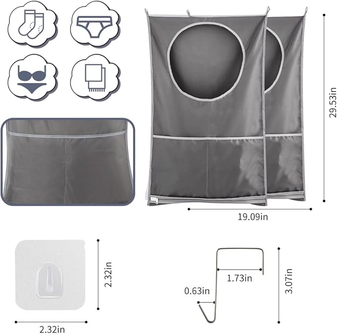 Hanging Laundry Hamper, Over The Door Laundry Hamper, Hanging Laundry Bag with Pockets Zipper Foldable Lightweight, For Rv Camper Apartment College Dorm Room Storage Small Space Organizer, 2 Grey Pack