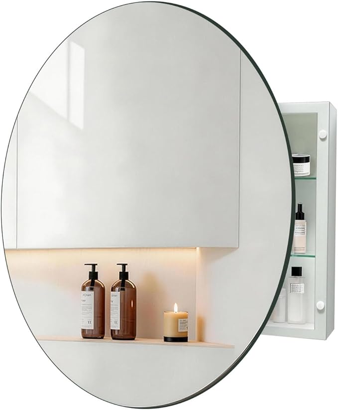 30 Inches Round Bathroom Medicine Cabinet, Frameless Circle Mirror Cabinet Wall Mounted Cabinet with Surface Mount Installation