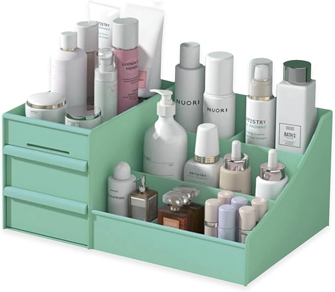 Makeup Desk Organizer With Drawers - Countertop Bathroom Skincare Organizer for Cosmetics, Vanity Holder for Lipstick, Brushes, Lotions, Eyeshadow, Nail Polish and Jewelry Sundries