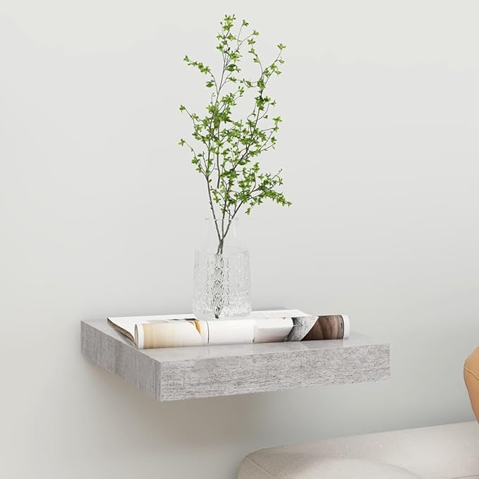 Floating Wall Shelf with Invisible Mounting System, Concrete Gray Modern Display Rack for Home Decor, 9.1x9.3 Inches MDF Bookshelf for Living Room Office